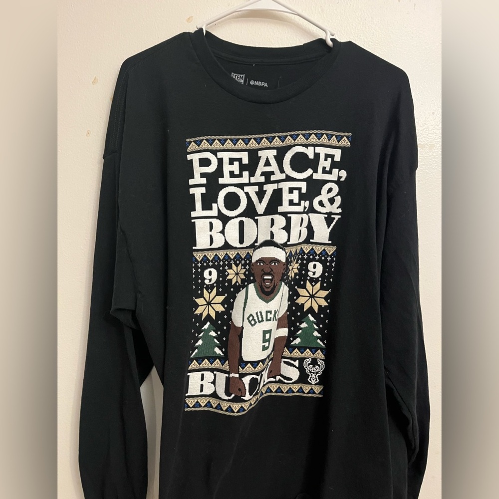 NBA Holiday Christmas Peace Love & Bobby Black Longsleeve Milwaukee Bucks XXL